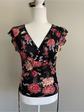 Self Esteem Black Floral Wrap-Style V-Neck Top